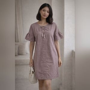 Talori Shift Mauve Off White Pin Stripe Lace Up Tassel Front Flare Dress Size L